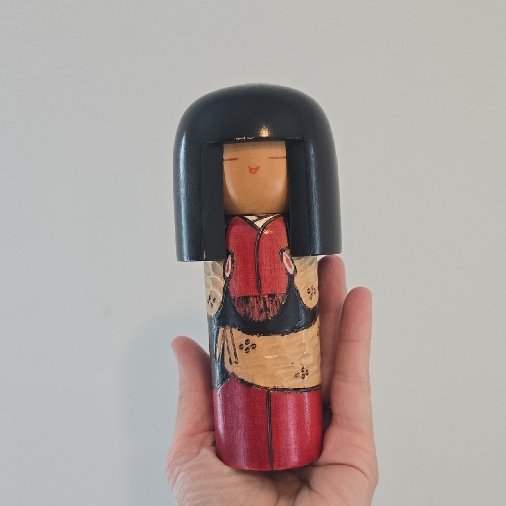 Vintage Kokeshi Hand Painted Japanese Doll. Hand Made Japanese Folk Art Doll